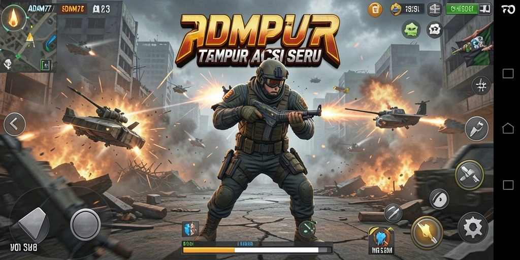 Screenshot gameplay ADAM77 yang menampilkan pertempuran intens.