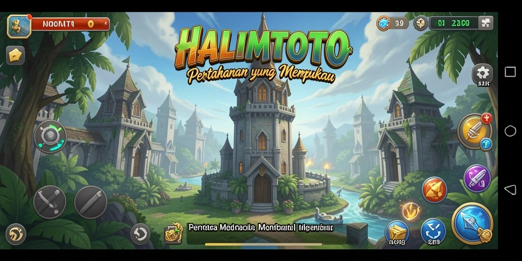 Screenshot utama HALIMTOTO dengan tampilan pertahanan menara yang dramatis.
