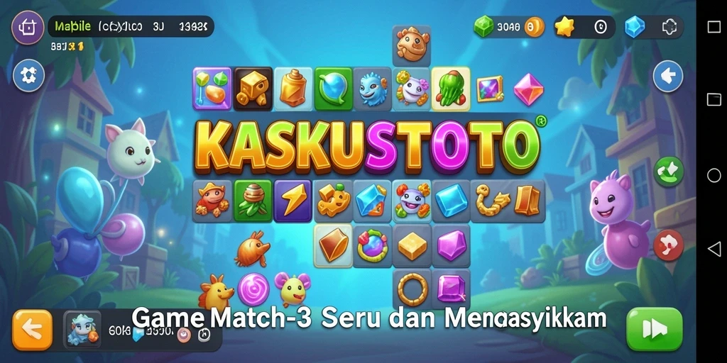 Gameplay KASKUSTOTO dengan objek berwarna cerah dan kombinasi seru.